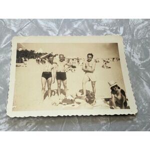 Vintage 1940s 1950s Beach Scene Photograph Men Swimwear Scalloped Edge B&W Photo